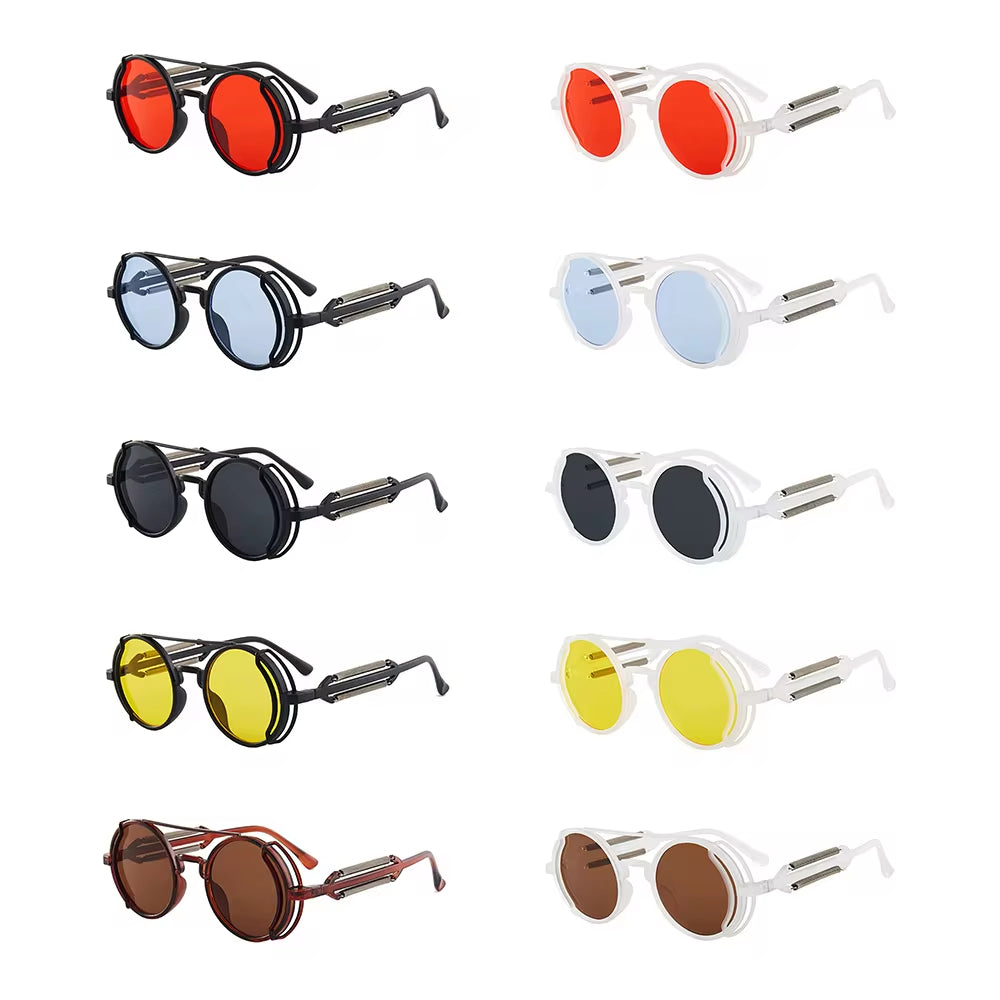 Gothic Style Steampunk Sunglasses Double Spring Temples round Sunglasses UV400 Protection Men'S Eyewear Trendy Punk Sun Glasses