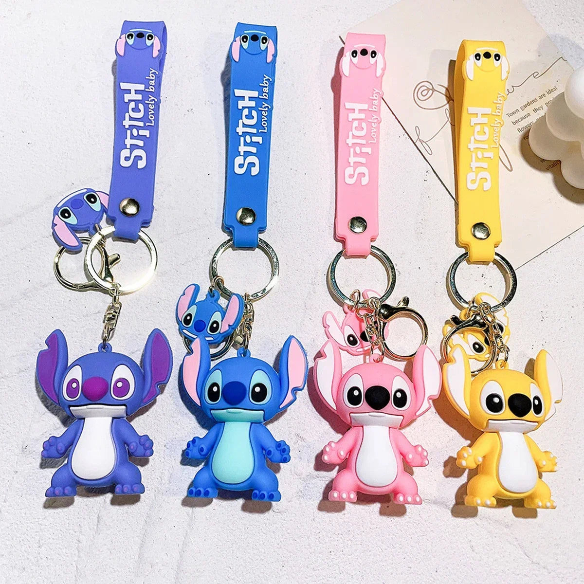 Stitch Keychian Anime Stitch Pendant Keychain Sweet Pink Angel Keychians Women Car Keyring Girl Birthday Gift