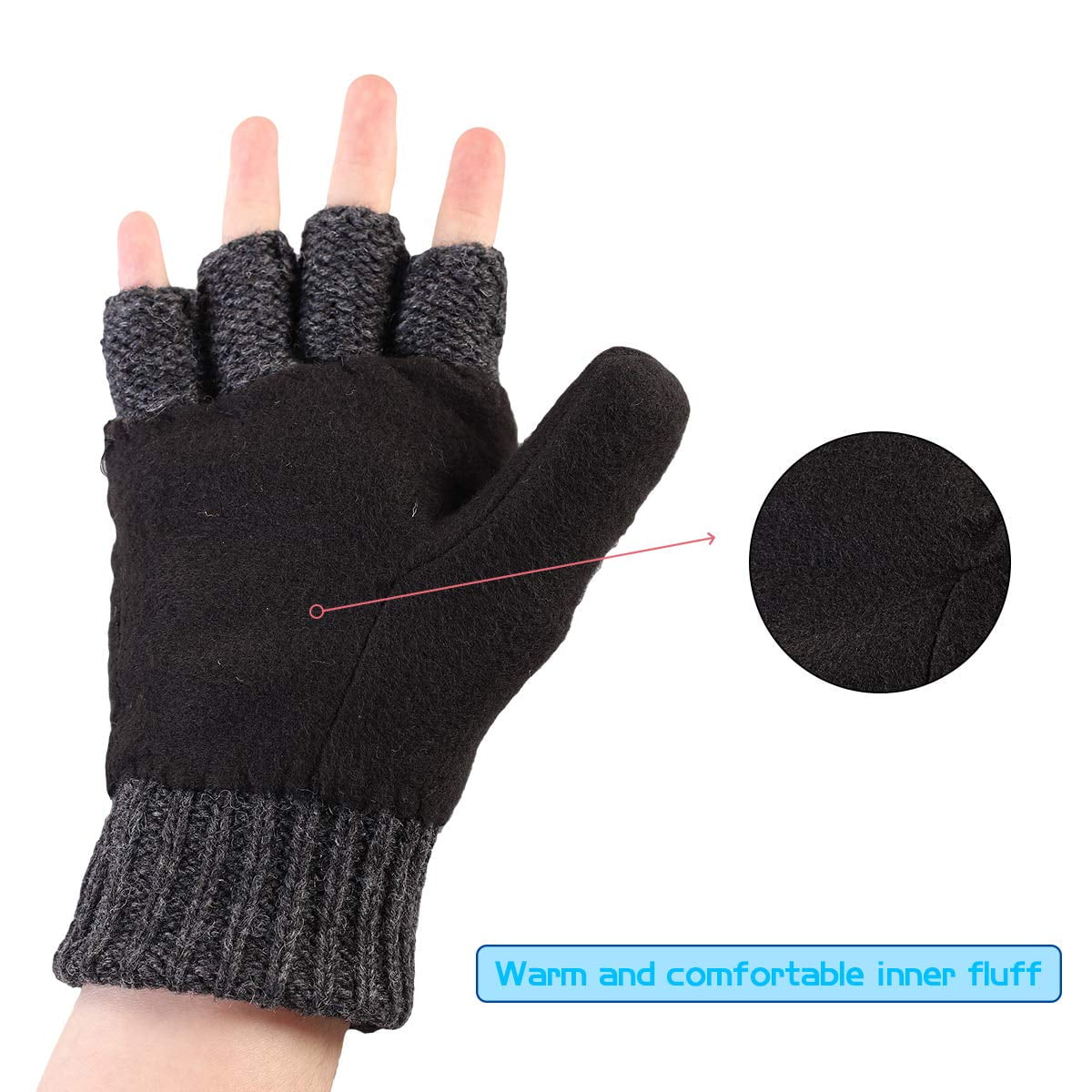 Mittens Winter Fingerless Gloves Warm Wool Knitted Gloves Convertible Gloves for Men and Women