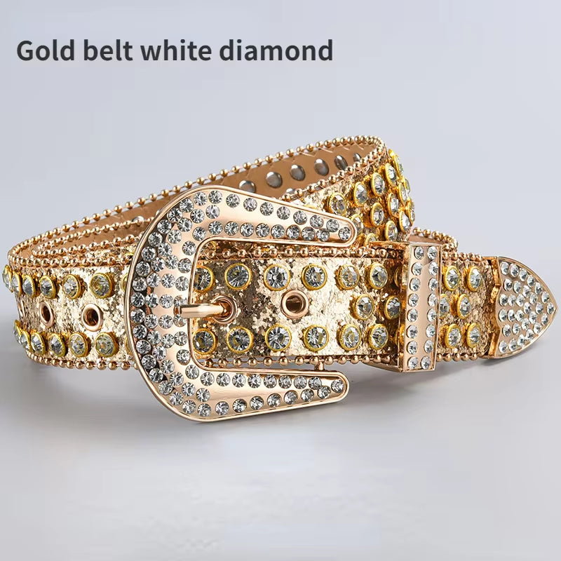 New Rhinestone Luxury Belt Women Y2K Style Western Exaggerated Jeans Fashion Accessories Punk High Quality Alloy Buckle BB Belt