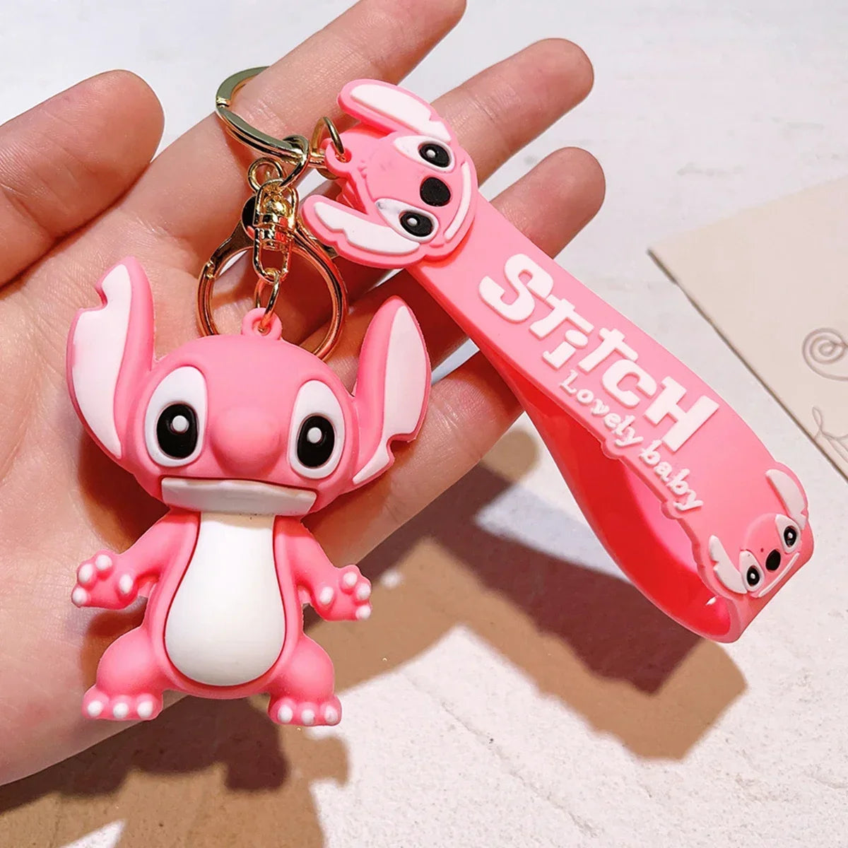 Stitch Keychian Anime Stitch Pendant Keychain Sweet Pink Angel Keychians Women Car Keyring Girl Birthday Gift