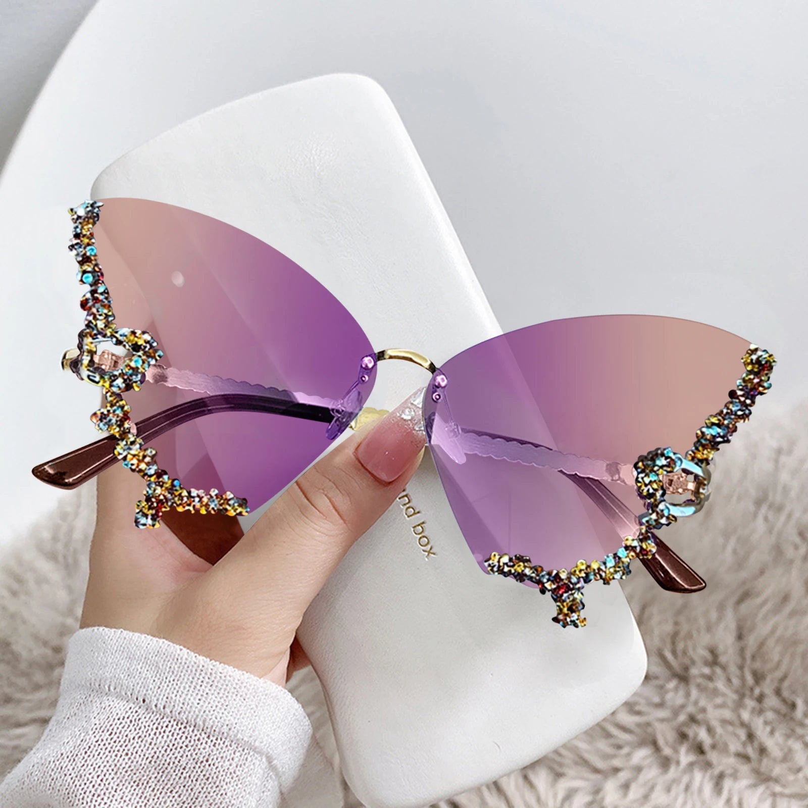 Fashion Sparkling Rhinestone Rimless Butterfly Sunglasses Y2K Women Luxury Brand Vintage Sun Glasses Ladies Eyewear Gafas De Sol