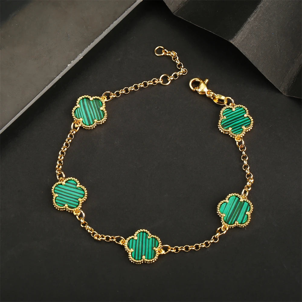 2023 Hot Selling Five Leaf Flower Bracelet Natural Stone Malachite Shell Flower Bracelet 11 Colors Ladies Charm Jewelry Bracelet