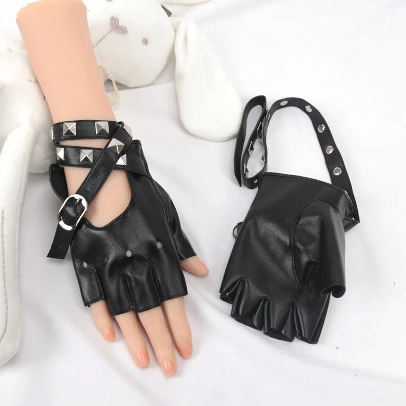 Women Black Fingerless Gloves Sexy Bandage Rivet Gloves Personality Buckle Straps Punk Gothic Lolita Cosplay Performance Mittens