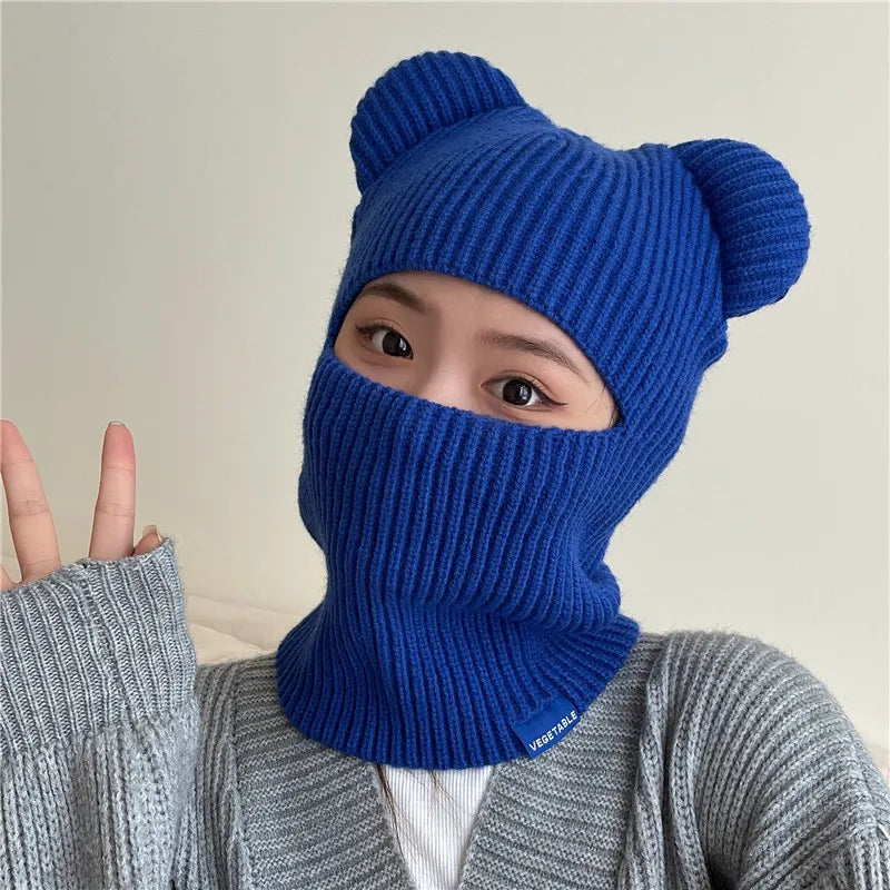 New Warm Winter Women Hat Cute Bear Ears Balaclava Scarf Female Outdoor Bikes Sports Knitted Wool Full Face Ski Mask Beanie Cap