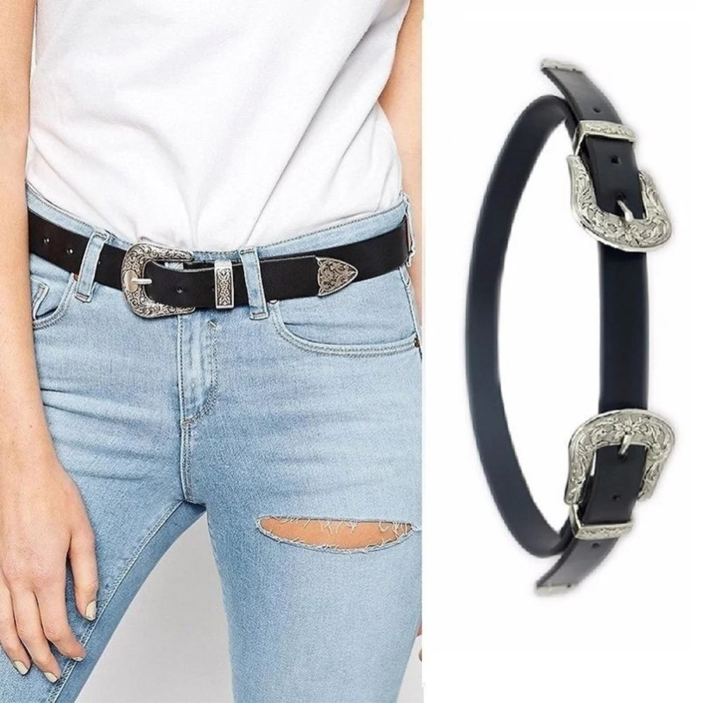 Women Faux Leather Single/Double Buckle Western Cowgirl Waist Belt Waistband Style 4 One Size