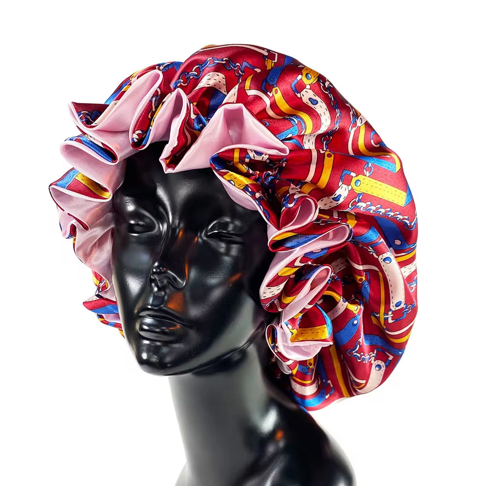 Women Satin Bonnet Cap Double Layer Silky Big Bonnet for Lady Printing Sleep Cap Head Wrap