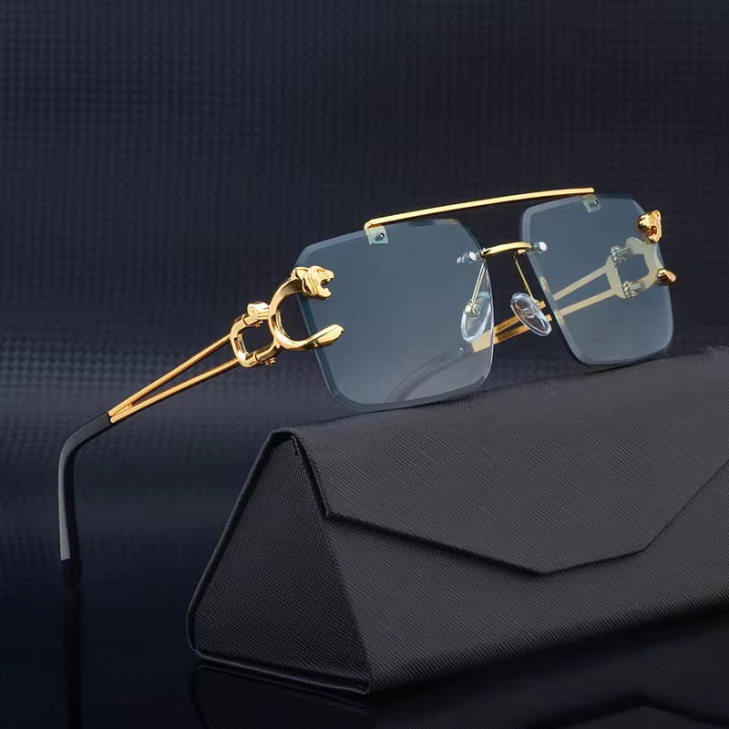 Fashion Metal Leopard Rimless Sunglasses Double Bridges Gradient Ocean Film Shades UV400