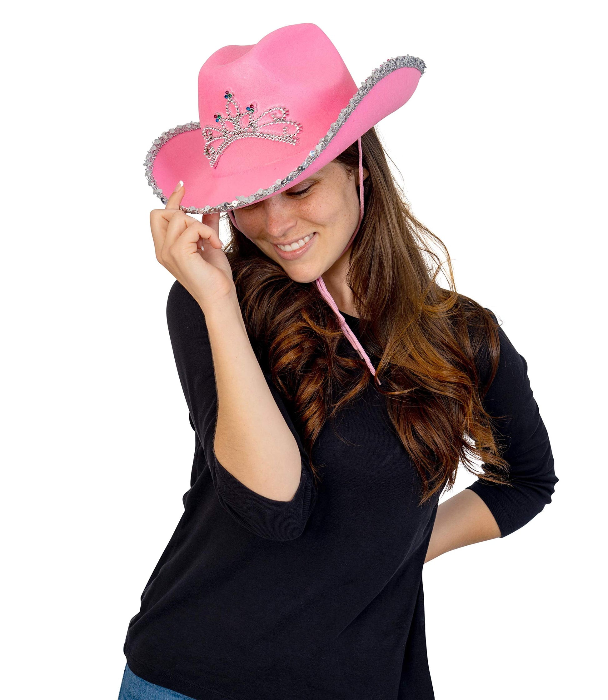 Pink Cowboy Hat - Pink Sequin Cowgirl Princess Hat with Crown Tiara Design