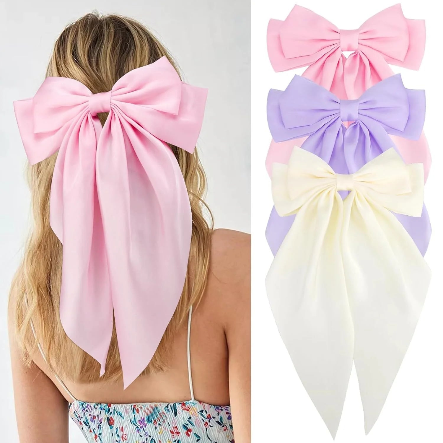 3Pcs Hair Bows for Women White Hair Bow Pink Hair Bow Purple Big Hair Bows Clips for Girls Silky Satin Large Hair Ribbons Oversized Long Tail Hair Bows Hair Barrettes Hair Accessories Gifts