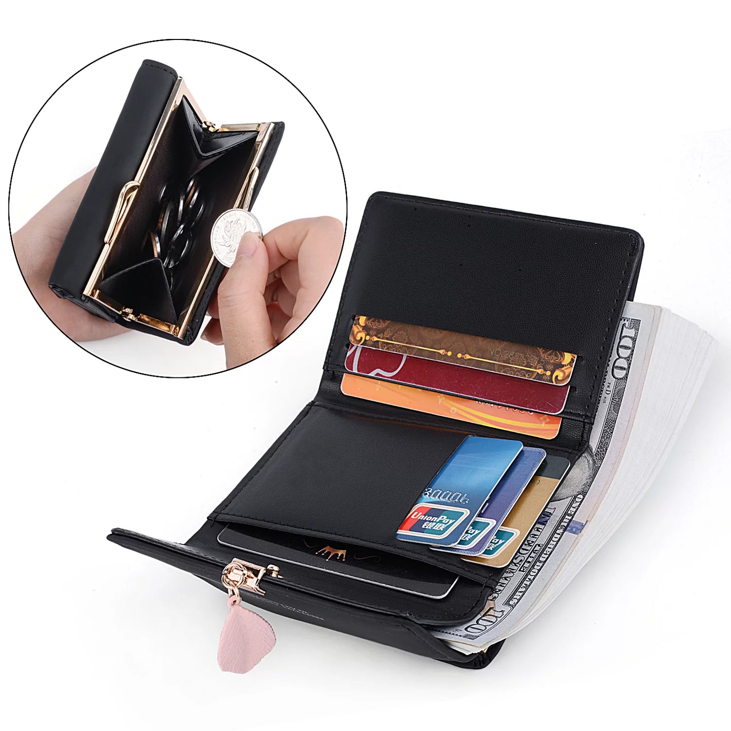 Small Wallet for Women PU Leather RFID Blocking Coin Purse Card Holder Trifold Ladies Purse Leaf Pendant(Black)