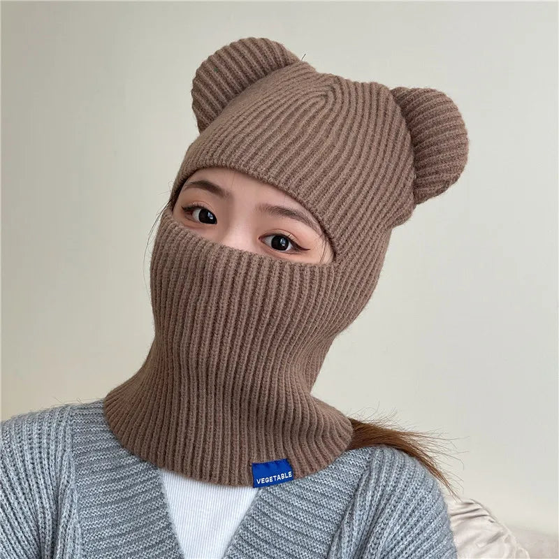 New Warm Winter Women Hat Cute Bear Ears Balaclava Scarf Female Outdoor Bikes Sports Knitted Wool Full Face Ski Mask Beanie Cap