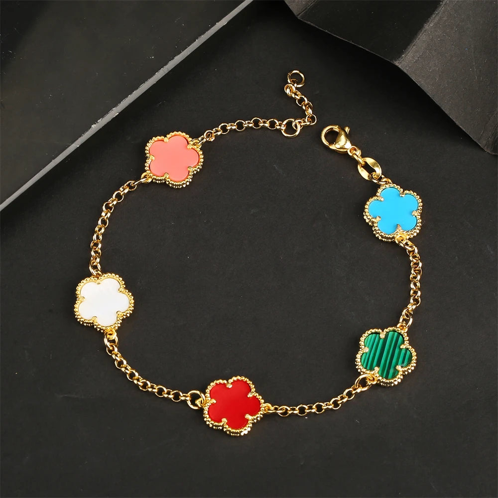 2023 Hot Selling Five Leaf Flower Bracelet Natural Stone Malachite Shell Flower Bracelet 11 Colors Ladies Charm Jewelry Bracelet