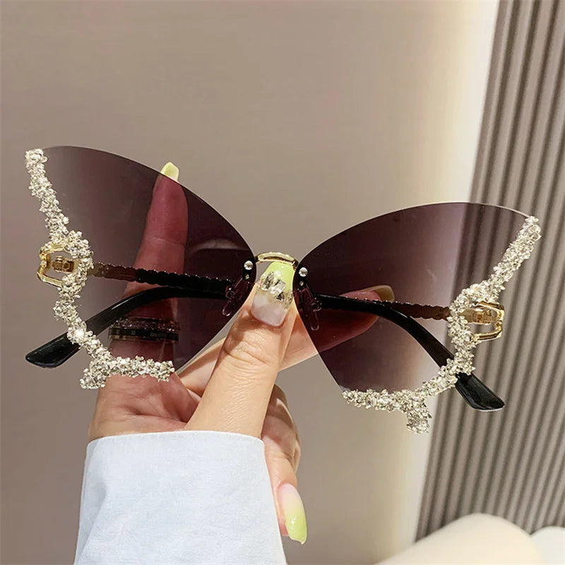 Fashion Sparkling Rhinestone Rimless Butterfly Sunglasses Y2K Women Luxury Brand Vintage Sun Glasses Ladies Eyewear Gafas De Sol