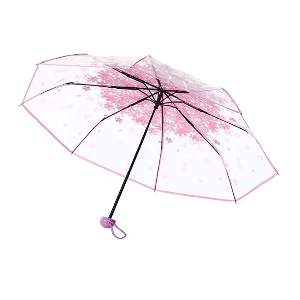 Korean Umbrella Folding Cute Korean Mini Fresh Simple Sen Series Trifold Cherry Blossom Transparent Japanese Umbrella