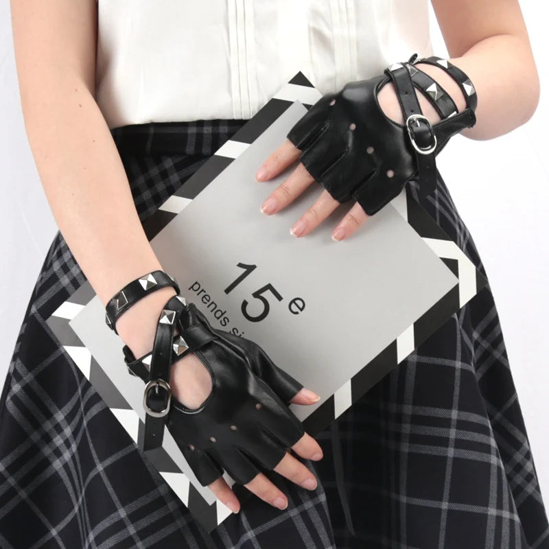 Women Black Fingerless Gloves Sexy Bandage Rivet Gloves Personality Buckle Straps Punk Gothic Lolita Cosplay Performance Mittens