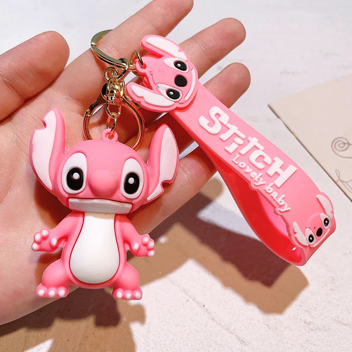 Stitch Keychian Anime Stitch Pendant Keychain Sweet Pink Angel Keychians Women Car Keyring Girl Birthday Gift