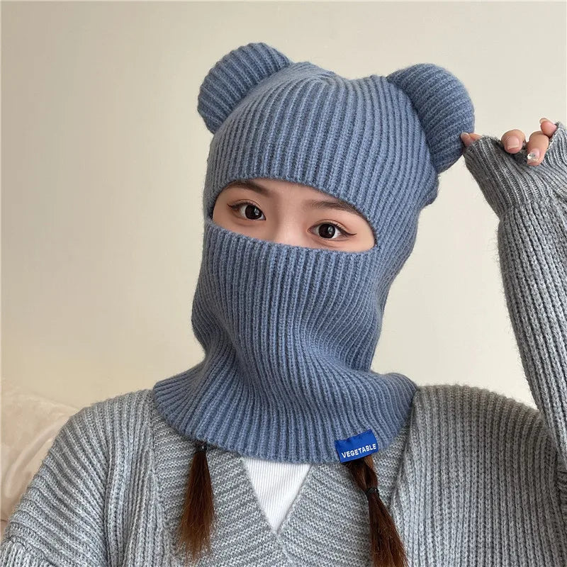 New Warm Winter Women Hat Cute Bear Ears Balaclava Scarf Female Outdoor Bikes Sports Knitted Wool Full Face Ski Mask Beanie Cap