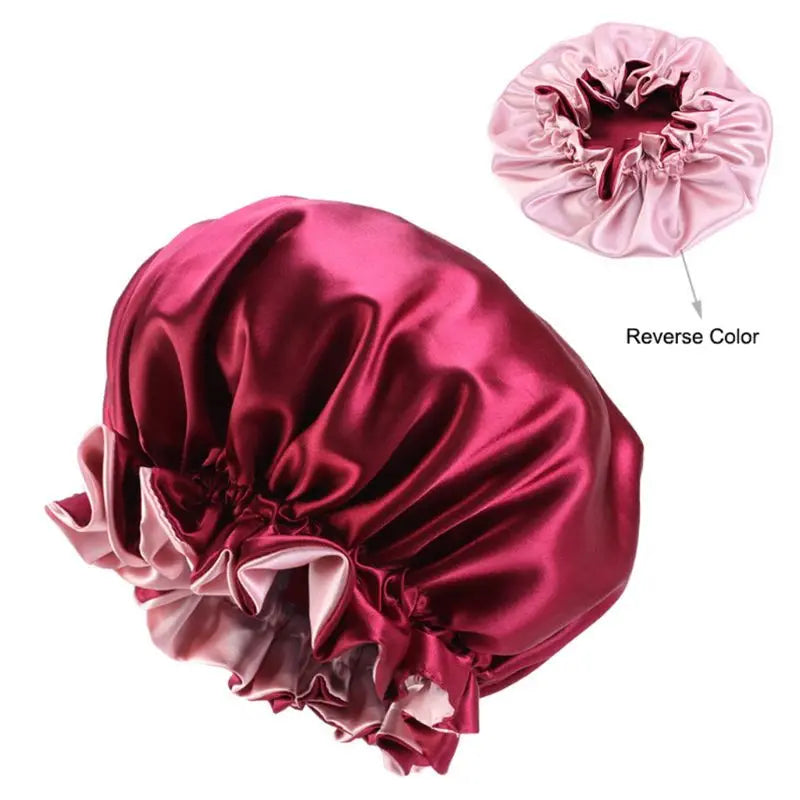 Women Double Layer Satin Sleep Bonnet Cap Large Solid Color Adjustable Elastic Ruffles Reversible Hair Loss round Night Hat