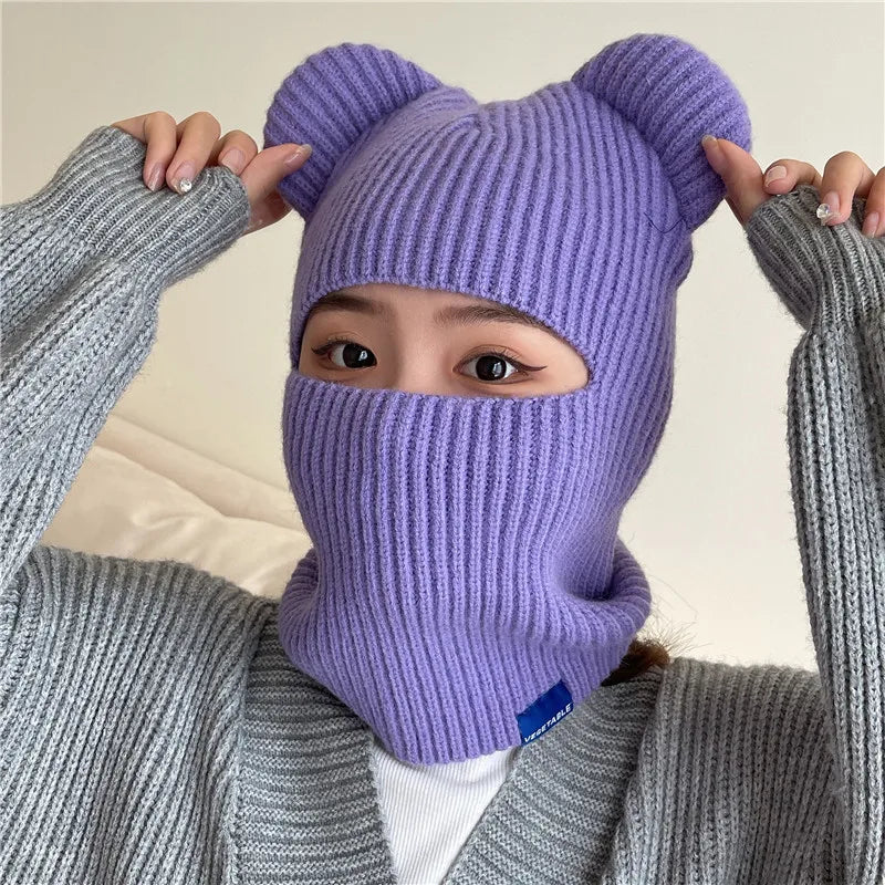 New Warm Winter Women Hat Cute Bear Ears Balaclava Scarf Female Outdoor Bikes Sports Knitted Wool Full Face Ski Mask Beanie Cap