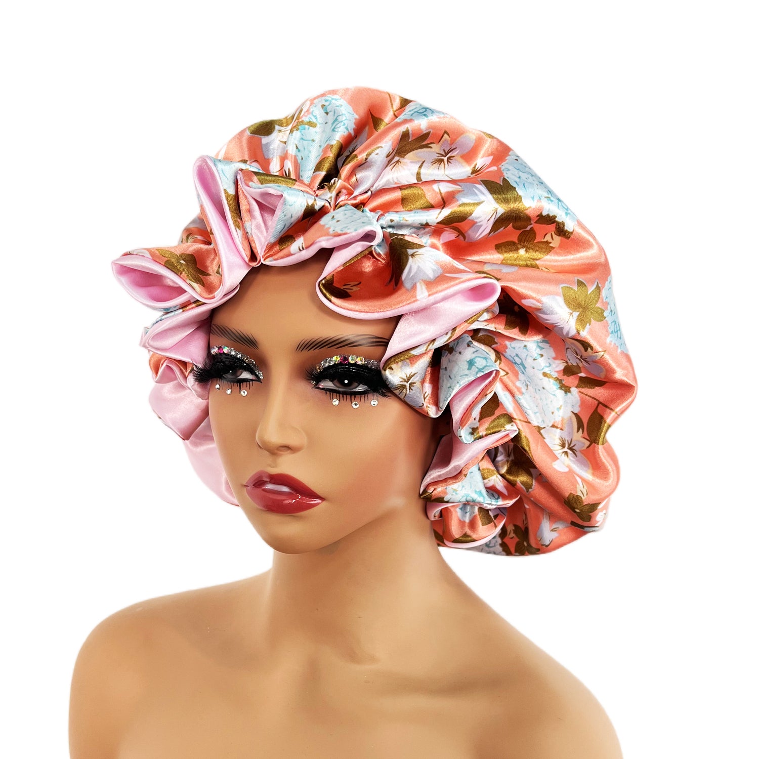 Women Satin Bonnet Cap Double Layer Silky Big Bonnet for Lady Printing Sleep Cap Head Wrap