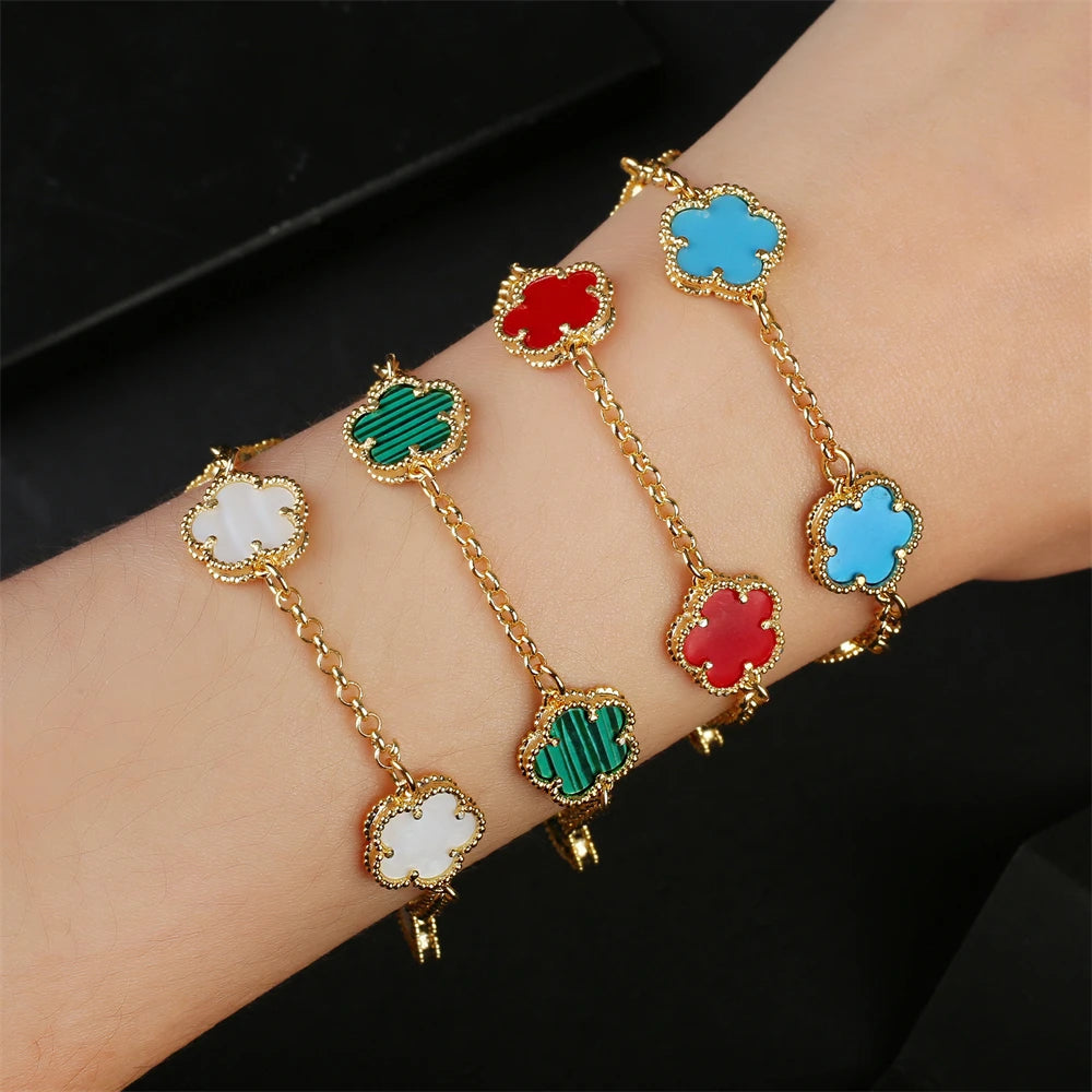 2023 Hot Selling Five Leaf Flower Bracelet Natural Stone Malachite Shell Flower Bracelet 11 Colors Ladies Charm Jewelry Bracelet