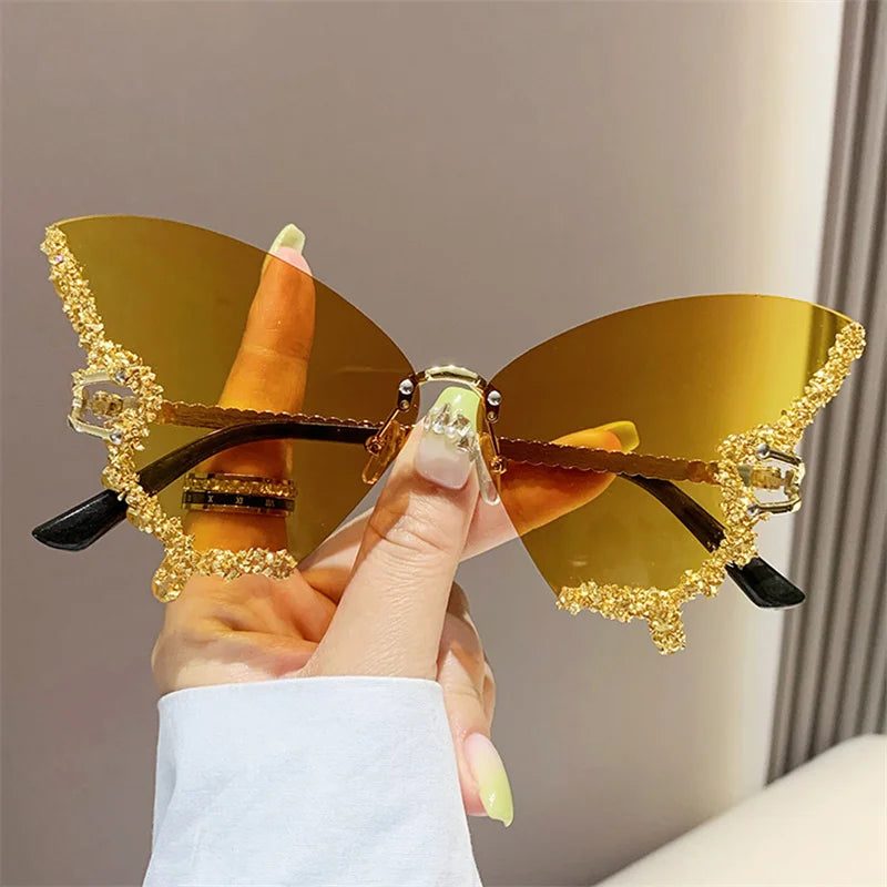 Fashion Sparkling Rhinestone Rimless Butterfly Sunglasses Y2K Women Luxury Brand Vintage Sun Glasses Ladies Eyewear Gafas De Sol