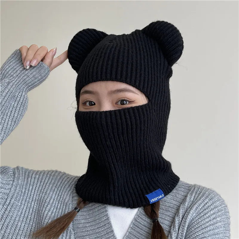 New Warm Winter Women Hat Cute Bear Ears Balaclava Scarf Female Outdoor Bikes Sports Knitted Wool Full Face Ski Mask Beanie Cap