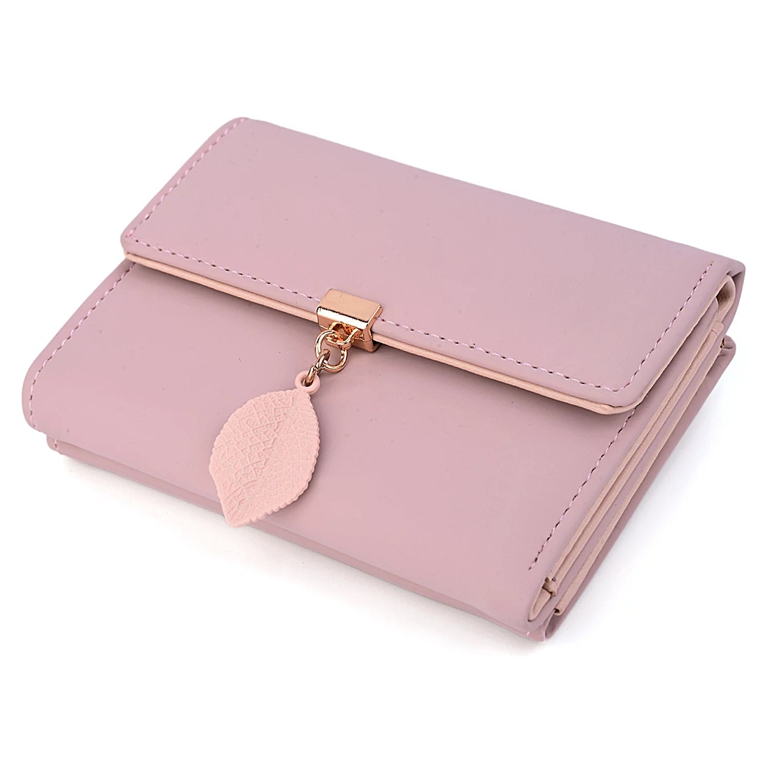 Small Wallet for Women PU Leather RFID Blocking Coin Purse Card Holder Trifold Ladies Purse Leaf Pendant(Pink)