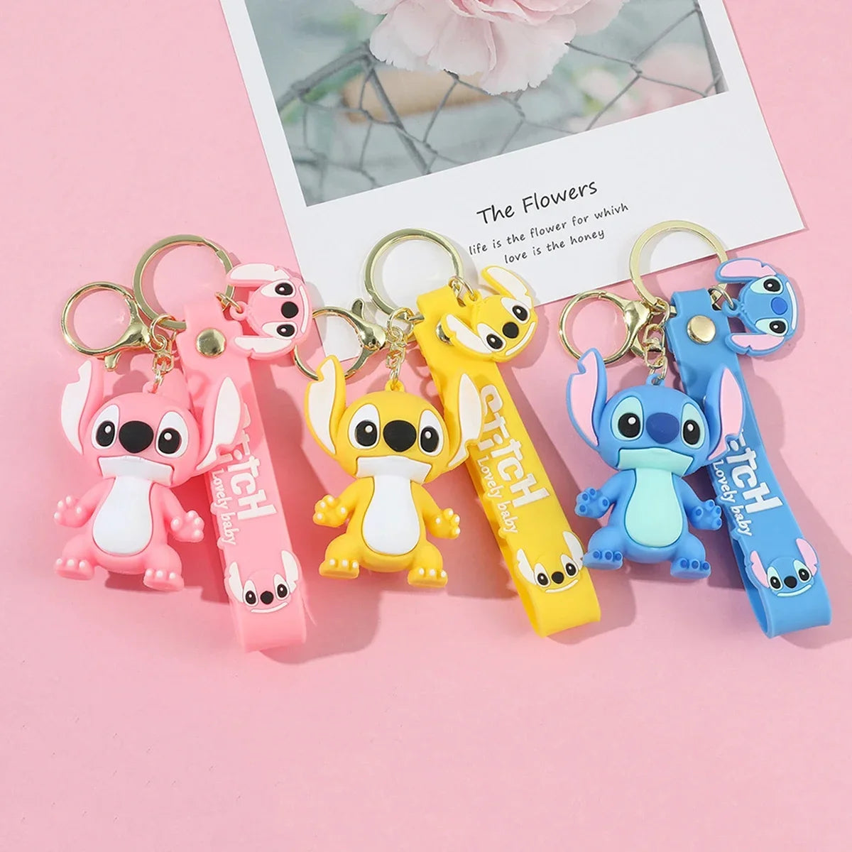 Stitch Keychian Anime Stitch Pendant Keychain Sweet Pink Angel Keychians Women Car Keyring Girl Birthday Gift