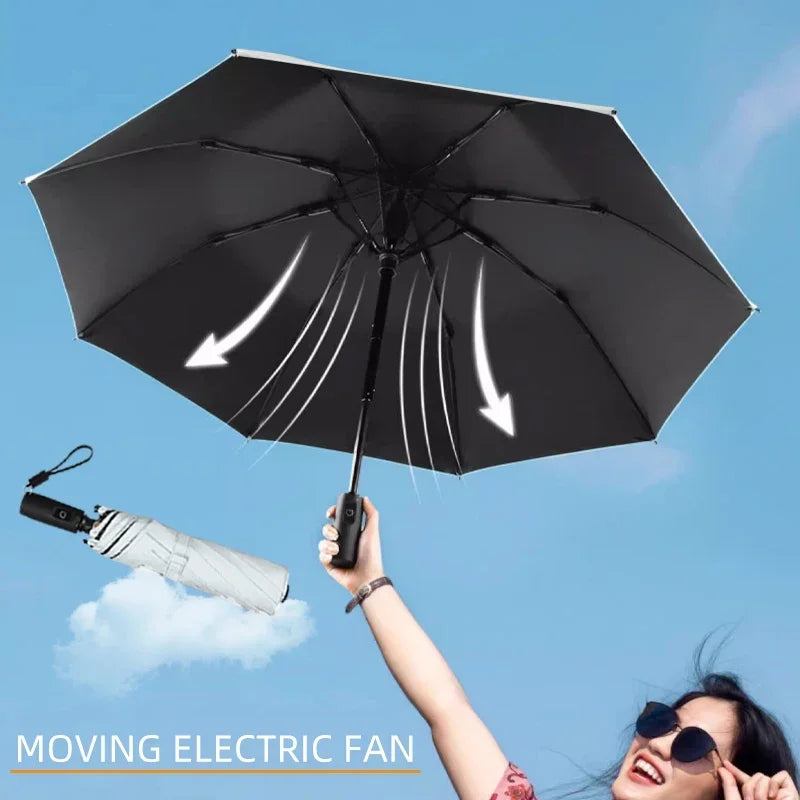 Upscale USB Chargeable Foldable Umbrella with Fan Beach Parasol Creative Portable UV Umbrella Folding Beach Umbrella Outdoor