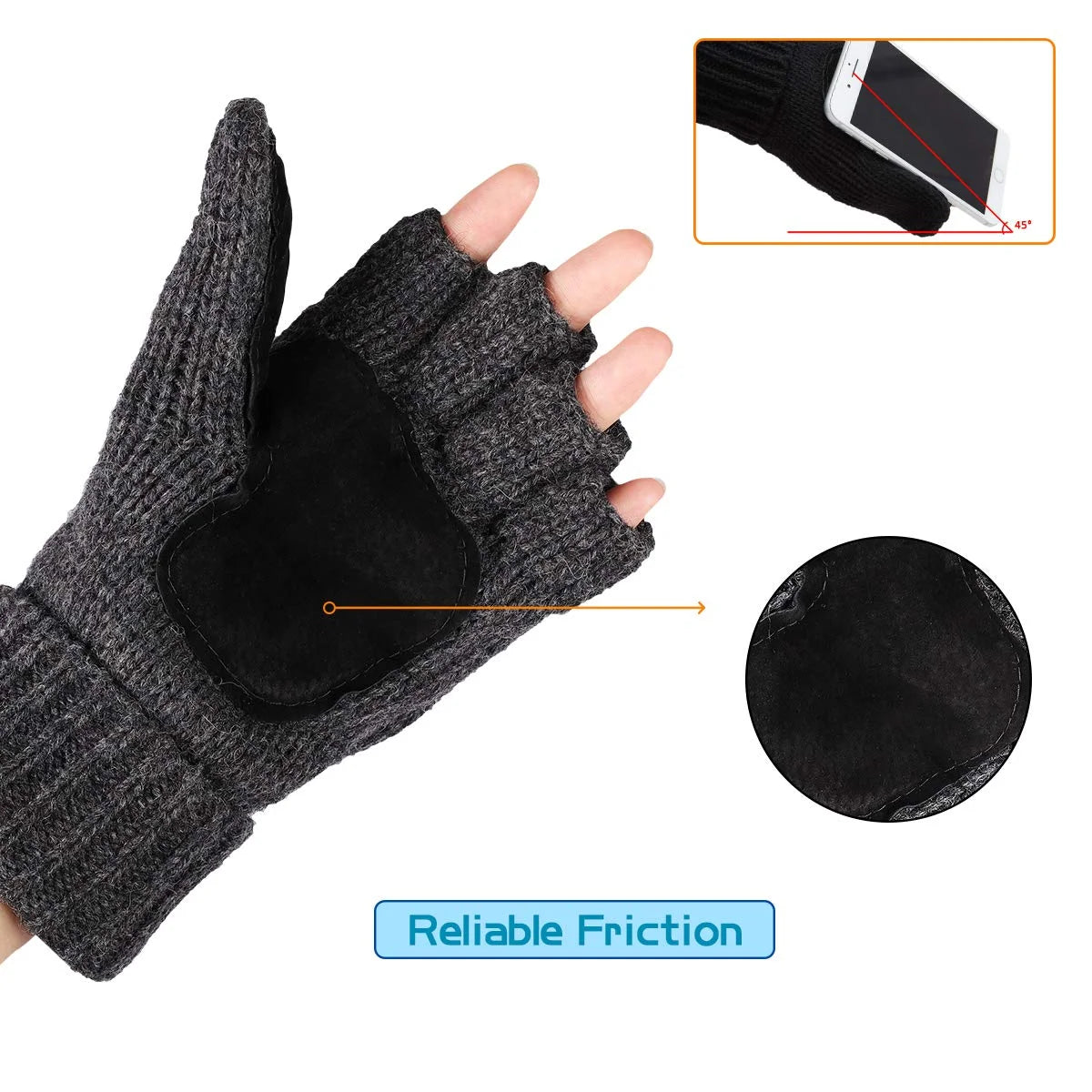 Mittens Winter Fingerless Gloves Warm Wool Knitted Gloves Convertible Gloves for Men and Women